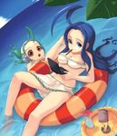  ahoge aqua_eyes bikini blue_hair breasts brown_eyes christinya cleavage green_hair handheld_game_console headphones innertube long_hair medium_breasts mouth_hold multiple_girls nintendo_ds original product_placement swimsuit water 