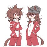  2girls agnes_tachyon_(umamusume) ahoge animal_ears beer_hsk brown_hair cropped_legs grey_hat hair_between_eyes hands_in_pockets hat horse_ears horse_girl horse_tail jacket long_hair long_sleeves multiple_girls nakayama_festa_(umamusume) pants parted_lips puffy_long_sleeves puffy_sleeves purple_eyes red_eyes red_jacket red_pants simple_background smile striped_clothes striped_headwear tail track_jacket track_pants track_suit umamusume vertical-striped_clothes vertical-striped_headwear white_background 