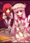  bad_id bad_pixiv_id bat_wings book crescent hat head_wings heco_(mama) koakuma long_hair multiple_girls patchouli_knowledge purple_eyes purple_hair red_eyes red_hair touhou wings 