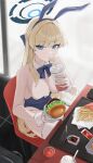  1girl absurdres animal_ears aqua_bow bare_shoulders blonde_hair blue_archive blue_bow blue_bowtie blue_eyes blue_hairband blue_halo blue_leotard blue_streaks blush bow bowtie braid breasts burger chair cleavage cup detached_collar disposable_cup drink drinking drinking_straw drinking_straw_in_mouth fake_animal_ears fast_food food french_fries gangjeong hairband halo highleg highleg_leotard highres holding holding_burger holding_cup holding_drink holding_food ice_cream ketchup korean_commentary large_breasts leotard long_hair looking_at_viewer mcdonald's multicolored_hair official_alternate_costume on_chair playboy_bunny rabbit_ears sauce sauce_packet sitting solo strapless strapless_leotard streaked_hair thighhighs toki_(blue_archive) toki_(bunny)_(blue_archive) tray white_thighhighs white_wrist_cuffs wrist_cuffs 