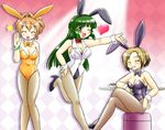  animal_ears brown_hair bunny_ears bunnysuit cigarette closed_eyes fishnet_pantyhose fishnets green_eyes green_hair heart hidamari_sketch highres hoshikawa_tsukimi landlady_(hidamari_sketch) long_hair md5_mismatch misato_(hidamari_sketch) multiple_girls one_eye_closed orange_hair pantyhose ponytail short_hair smoking table vest waving yoshinoya 