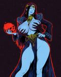  1girl absurdres black_background black_hair black_robe blue_lips blue_skin breasts brutalxbasics circlet colored_skin covering_breasts covering_privates deep_skin disembodied_hand earrings english_commentary fingernails groping hand_on_own_hip highres holding holding_skull jewelry large_breasts long_fingernails long_hair necklace original outline pelvic_curtain red_outline robe shoulder_pads skull smile smug teeth white_eyes 
