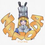  1girl blonde_hair blue_jacket character_name closed_mouth commentary_request cropped_torso grey_background grey_hat hat highres jacket large_hat long_hair looking_at_viewer naki_theillust norma_(zenless_zone_zero) purple_eyes simple_background solo zenless_zone_zero 