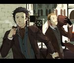  bad_id bad_pixiv_id black_hair blonde_hair facial_hair gloves hat john_hamish_watson jude_law letterboxed multiple_boys mustache pipe robert_downey_jr. sen_nai sherlock_holmes sherlock_holmes_(movie) the_adventures_of_sherlock_holmes top_hat victorian wrist_grab 