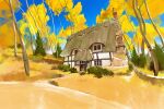  absurdres birch_tree blue_sky commentary cottage_(building) crimsonsword03 day english_commentary grass highres house landscape no_humans original outdoors painterly scenery sky tree yellow_leaf yellow_theme 
