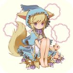  animal animal_ears apron barefoot blue_eyes braid brown_hair ears_through_headwear flower frills hood hood_up leg_hug light_brown_hair long_hair mushroom nigo original sitting solo squirrel tail tree_stump twin_braids very_long_hair 