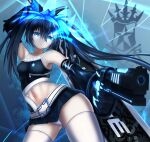  1girl absurdres belt belt_skirt black_hair black_rock_shooter black_rock_shooter_(character) black_rock_shooter_beast black_skirt blue_crown blue_fire crown fire flaming_eye floating_crown glowing glowing_eye gun handgun highres huge_weapon panties pantyshot skeletal_hand skirt stitched_chest stitched_torso stitches thighhighs thighs tokyo_(1421) twintails underwear uneven_twintails weapon white_panties white_thighhighs 