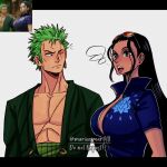  1boy 1girl black_hair blue_eyes blue_jacket commentary english_commentary green_hair green_kimono hair_slicked_back haramaki high_collar highres jacket japanese_clothes kimono letterboxed long_hair marienimar nico_robin notice_lines one_eye_closed one_piece roronoa_zoro scar scar_across_eye scar_on_face sideburns stitched_torso stitches talking twitter_username upper_body 