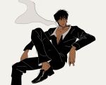  1boy bare_pectorals black_eyes black_hair black_jacket black_pants black_shoes black_suit blue_dress cigarette collared_shirt commentary dress dress_shoes elbow_rest english_commentary highres invisible_chair jacket lea_reymauzaize long_sleeves looking_to_the_side male_focus nicholas_d._wolfwood open_collar pants pectorals shirt shoes sideways_glance simple_background sitting smoke smoke_trail smoking solo suit suit_jacket trigun white_background white_shirt wing_collar 