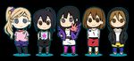  akiyama_mio black_background black_hair black_legwear blonde_hair brown_eyes chibi contemporary covered_navel hirasawa_yui k-on! kotobuki_tsumugi long_sleeves looking_at_viewer multiple_girls nakano_azusa no_thank_you! pantyhose ponytail short_hair short_shorts shorts simple_background skirt standing suspender_skirt suspenders tainaka_ritsu udonntennni 