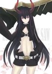  bad_id bad_pixiv_id bikini_top black_gold_saw black_hair black_rock_shooter gloves horns huge_weapon jacket king_saw long_hair midriff navel open_fly red_eyes rinbukyoku shorts solo star sword unzipped very_long_hair weapon 