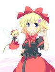  batsu blonde_hair blue_eyes blush bored bow bowtie doll doll_joints fairy_wings flower hair_bow hands heart index_finger_raised lily_of_the_valley medicine_melancholy pointing short_hair simple_background smile smirk solo su-san touhou wings 