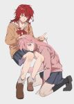  2girls black_socks blue_eyes bocchi_the_rock! cube_hair_ornament gotoh_hitori green_eyes hair_ornament hair_over_one_eye hand_on_another's_leg highres holding_another's_hair jacket kita_ikuyo kneeling lap_pillow lingyi loafers long_hair looking_at_another loose_socks multiple_girls pink_hair pink_jacket red_hair school_uniform shoes shuka_high_school_uniform simple_background sitting skirt socks sweater track_jacket white_background white_socks yuri 