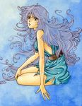  arm_support bare_shoulders blue blue_hair curly_hair emi_(green_wave) green_eyes long_hair original sitting solo traditional_media very_long_hair watercolor_(medium) yokozuwari 