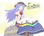  binsen blue_hair food fruit hat hinanawi_tenshi keystone long_hair musical_note peach rope shimenawa solo touhou 