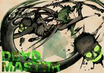  black_rock_shooter curly_hair dead_master green_eyes green_hair hopper horns long_hair scythe skull smile solo wings 