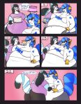 2021 absurd_res ailurid anthro beanie belly big_belly big_breasts biped birthday black_border black_hair blue_body blue_fur blue_hair border breasts cake cake_slice cleavage clothed clothing comic countershade_fur countershading dessert dialogue duo english_text eyewear feederism feeding female female/female female_anthro food fur glasses glowie_(doughieglowie) grey_beanie grey_clothing grey_hat grey_headwear hair hat headgear headwear hi_res huge_belly kim_xu mammal markings obese obese_anthro obese_female orange_body orange_ears orange_fur overweight overweight_anthro overweight_female pink_clothing pink_shirt pink_topwear procyonid raccoon red_panda ring_(marking) ringed_tail round_glasses shirt speech_bubble stated_age strawberrymilkdog striped_markings striped_tail stripes tail tail_markings talking_to_another text tilde_after_text topwear weight_gain white_body white_clothing white_countershading white_markings white_shirt white_topwear