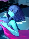  1other \||/ antenna_hair bare_arms bare_shoulders blue_hair blue_shirt blue_skin brick_floor colored_skin commentary_request covered_collarbone dappled_sunlight deltarune drawer eyes_visible_through_hair flat_chest from_side hair_over_one_eye hair_spread_out hand_on_own_chest highres holding holding_unworn_clothes holding_unworn_scarf in-universe_location indoors jitome kris_(dark_world)_(deltarune) kris_(deltarune) lying medium_hair on_back on_bed one_eye_covered other_focus parted_lips pink_scarf red_eyes scarf shaded_face shelf shirt sideways_mouth sleeveless sleeveless_shirt sleeveless_turtleneck solo soratake_53 sunlight turtleneck turtleneck_shirt underlighting unworn_scarf upper_body utdr_(toby_fox) 