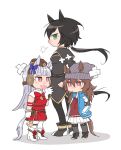  3girls animal_ears beanie beer_hsk black_boots black_capelet black_dress black_hair blue_jacket boots bow brown_hair brown_hat capelet dress ear_bow ears_through_headwear fold-over_boots gold_ship_(red_strife)_(umamusume) gold_ship_(umamusume) green_eyes grey_hair grey_hat grey_thighhighs hair_between_eyes hat high_heel_boots high_heels horse_ears horse_girl horse_tail jacket kin'iro_ryotei_(umamusume) low_ponytail mini_hat multiple_girls nakayama_festa_(umamusume) open_clothes open_jacket pantyhose pleated_skirt ponytail purple_bow red_bow red_dress red_eyes shadow simple_background skirt sleeveless sleeveless_dress striped_clothes striped_headwear sweater_vest tail thighhighs thighhighs_under_boots tongue tongue_out umamusume v-shaped_eyebrows vertical-striped_clothes vertical-striped_headwear white_background white_boots white_pantyhose white_skirt 