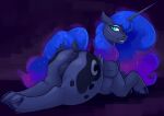 absurd_res anus big_butt blue_body butt equid equine feathered_wings feathers female feral friendship_is_magic genitals hasbro hi_res hooves horn kelkessel looking_back lying mammal my_little_pony mythological_creature mythological_equine mythology on_front princess_luna_(mlp) pupils quadruped simple_background smile tail thick_thighs vulva winged_unicorn wings