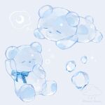  air_bubble ameyui_komori blue_bow bow bubble commentary_request crescent grey_background highres no_humans object_focus original simple_background sparkle speech_bubble stuffed_animal stuffed_toy teddy_bear thought_bubble transparent twitter_username 