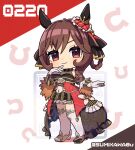  1girl animal_ears asymmetrical_footwear bare_shoulders blush braid braided_hair_rings breasts brown_hair chibi chibi_only closed_mouth corset detached_sleeves dress ear_covers ear_ornament full_body gentildonna_(regina_dei_fiori)_(umamusume) gentildonna_(umamusume) gloves hair_between_eyes hair_ornament hair_rings heart-shaped_ornament heart_ear_ornament horse_ears horse_girl long_hair looking_at_viewer mismatched_footwear red_corset red_eyes see-through_cleavage see-through_clothes smile solo sumikawa_(sumikawa8v) thighhighs umamusume white_gloves white_thighhighs 