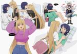  3girls absurdres ahoge animal_ears barefoot black_shirt black_socks blonde_hair blue_hoodie blue_pants blush blush_visible_through_hair bracelet carrying cho_kaguya-hime! closed_eyes colored_inner_hair commentary cuddling english_commentary fang fish forehead fox_ears green_shirt hair_rings hair_wagging hands_on_another's_waist highres hood hoodie hug instrument jewelry kaguya_(cho_kaguya-hime!) keytar long_hair medium_hair multicolored_hair multiple_girls omnlet pants pillow pink_hair pink_nails pink_shorts princess_carry purple_hair purple_nails purple_sweater red_eyes runami_yachiyo sakayori_iroha shirt shorts simple_background smile socks speech_bubble sweat sweater tears twintails white_background white_hair white_shirt yuri 