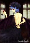  alcohol alternate_costume arm_garter bare_shoulders bat_wings blue_hair cup dress drinking_glass from_behind glass hat highres neck_ribbon red_eyes remilia_scarlet ribbon short_hair solo strapless strapless_dress taku-012 touhou window wine wine_glass wings 