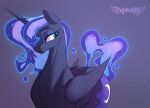 blue_body blue_eyes blue_hair blue_mane constellation_mane crescent_moon cutie_mark dark_body digital_drawing_(artwork) digital_media_(artwork) equid equine ethereal_hair ethereal_mane eyelashes eyeshadow female feral friendship_is_magic glowing glowing_mane hair half-turned hasbro hi_res horn horn_glow horse long_neck looking_at_viewer looking_back magical_hair majesty makeup mammal mane moon my_little_pony mythological_creature mythological_equine mythology night pegasusyay pegasusyay_(artist) pony princess_luna_(mlp) profile pseudo_hair pseudo_mane purple_background royalty side_view signature simple_background smile smirk solo starry_mane stylized tall_pony winged_unicorn wings