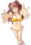  arms_up barefoot bikini blush breasts brown_eyes brown_hair cleavage face foreshortening from_above hands kujikawa_rise large_breasts legs lips long_hair outstretched_arms outstretched_hand persona persona_4 reaching side-tie_bikini solo swimsuit tokiwa_(mukoku) twintails 