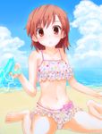  :o barefoot beach bikini brown_hair cloud day electricity frilled_bikini frills hiiragi_mitsuna misaka_mikoto navel outdoors polka_dot red_eyes short_hair sitting solo swimsuit to_aru_kagaku_no_railgun to_aru_majutsu_no_index wariza water_gun 