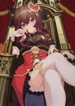  1girl absurdres animal_ears bare_shoulders blush braid braided_hair_rings breasts brown_hair cleavage closed_mouth corset crossed_legs detached_sleeves dress ear_covers ear_ornament gentildonna_(regina_dei_fiori)_(umamusume) gentildonna_(umamusume) gloves hair_between_eyes hair_ornament hair_rings heart-shaped_ornament heart_ear_ornament highres horse_ears horse_girl large_breasts long_hair looking_at_viewer neomeka on_throne red_corset red_eyes see-through_cleavage see-through_clothes sitting solo thighhighs throne umamusume white_gloves white_thighhighs 