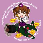  aircraft airplane blush_stickers brown_eyes brown_hair c6n_saiun cellphone checkered checkered_skirt chibi commentary english hair_ribbon hat himekaidou_hatate long_hair military necktie phone ribbon sakurato_tsuguhi shell skirt solo tokin_hat touhou twintails world_war_ii 