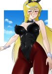  1girl absurdly_long_hair animal_ear_hairband animal_ears arms_at_sides blonde_hair blue_sky blush border bow bowtie brown_eyes cameltoe collar covered_navel covered_nipples eyelashes fake_animal_ears from_below ginga_tetsudou_999 hair_between_eyes hair_ornament hairband harlock_saga highres leggings leotard light_frown long_hair looking_at_viewer looking_down looking_to_the_side maetel matsuda_shin open_hand over-kneehighs pantyhose playboy_bunny queen_emeraldas rabbit_ear_hairband rabbit_ears red_leggings simple_background skindentation sky stitched_face stitches strapless strapless_leotard thighhighs very_long_hair wedgie white_border white_wrist_cuffs wrinkled_fabric wrist_cuffs 