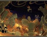  awai_(pixiv29777040) bare_tree cacnea cactus closed_eyes closed_mouth commentary desert flygon garchomp hippopotas hippopotas_(male) night no_humans open_mouth outdoors pokemon pokemon_(creature) pokemon_focus sand shuckle sky star_(sky) starry_sky trapinch tree tyranitar untranslatable_commentary 