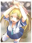  arms_up blonde_hair from_above long_hair original school_uniform serafuku smile solo takase_muu thighhighs white_legwear yellow_eyes 