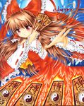  bad_id bad_pixiv_id bow brown_hair chirori detached_sleeves fire hair_bow hakurei_reimu long_hair marker_(medium) ofuda red_eyes solo touhou traditional_media yin_yang 