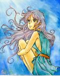  arm_support bare_shoulders blue blue_hair curly_hair emi_(green_wave) green_eyes leg_hug long_hair original sitting solo traditional_media very_long_hair watercolor_(medium) 