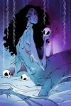  1girl analogous_colors arm_fins back_fin bailierosenlund black_hair blue_skin blue_tail breasts cave colored_skin commentary curly_hair english_commentary fins full_body gills highres holding holding_skull horror_(theme) long_arms long_fingers long_hair long_neck looking_at_viewer looking_back merfolk mermaid mermay_2021 monster_girl nude original parted_lips plant purple_background red_eyes shadow shore shoulder_blades sitting skinny skull slit_pupils small_breasts smile solo spine tail vines water 