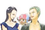  1girl 2boys antlers black_hair blue_nose blue_shirt commentary_request cross earrings green_hair hair_slicked_back hat hood horns japanese_clothes jewelry kimono long_hair looking_at_viewer multiple_boys nico_robin nikoban one_eye_closed one_piece pink_hat reindeer_antlers roronoa_zoro scar scar_across_eye scar_on_face shirt short_hair simple_background smile stitched_torso stitches striped_clothes striped_shirt tony_tony_chopper vertical-striped_clothes vertical-striped_shirt white_background 