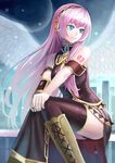  angel_wings aqua_eyes bare_shoulders black_legwear boots headphones k+ knee_boots long_hair megurine_luka moon panties pink_hair sitting skirt smile snow solo thighhighs underwear very_long_hair vocaloid wings 