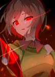  1girl bob_cut breasts brown_hair brown_shirt chara_(undertale) chromatic_aberration collared_shirt collared_sweater determined genderswap genderswap_(otf) glowing glowing_eyes gradient_background green_sweater hair_between_eyes highres holding holding_knife holding_weapon knife looking_at_viewer medium_breasts open_mouth red_eyes shirt short_hair sweater tiiiistttt torn_clothes torn_sweater undertale upper_body utdr_(toby_fox) weapon 
