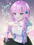  1girl \||/ ahoge arm_behind_back black_skirt blue_eyes blunt_bangs braid breasts clover_hair_ornament collared_shirt commentary cowboy_shot date_akari fingernails floral_background four-leaf_clover_hair_ornament grey_background hair_ornament hand_on_own_chest hand_up happy happy_birthday heaven_burns_red highres huge_ahoge large_breasts long_hair looking_at_viewer low_twin_braids low_twintails miniskirt pink_hair pleated_skirt rin_0101010 shirt short_sleeves signature simple_background skirt solo twin_braids twintails very_long_hair white_shirt 