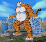 anthro armpit_hair belly belly_tuft biceps body_hair building building_destruction bulge calf_muscles city city_destruction clothing destruction disney felid fur hi_res jabuhusky macro male mammal musclegut muscular muscular_arms muscular_legs muscular_male navel nipples orange_body orange_fur pantherine pecs quads shere_khan solo striped_body striped_fur stripes tail the_jungle_book tiger trapezius tuft underwear whiskers white_body white_fur yellow_sclera