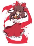  bow brown_eyes brown_hair hair_bow hakurei_reimu ofuda ribbon solo touhou 