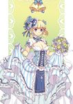  ask_(dreaming_cat) bell blonde_hair blue_eyes breasts cleavage copyright_request dress earrings flower gloves gown jewelry medium_breasts ribbon solo 