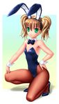  :3 animal_ears brown_hair bunny_ears bunnysuit fake_animal_ears flat_chest green_eyes kneeling long_hair nyo original pantyhose slit_pupils solo thighs twintails 