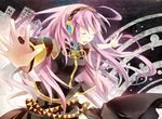  1girl asymmetrical_clothes belt cityscape closed_eyes commentary_request detached_sleeves double_lariat_(vocaloid) headphones imme_111 light_blush long_hair megurine_luka outstretched_arms painttool_sai_(medium) pink_hair solo vocaloid 