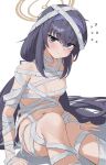  1girl bandage_on_hair bandaged_arm bandaged_chest bandaged_leg bandaged_torso bandages blue_archive breasts brown_halo commentary feet_out_of_frame flying_sweatdrops gangjeong hair_ribbon hairband halo korean_commentary light_blush long_hair looking_at_viewer low_twintails medium_breasts mummy_costume naked_bandage navel purple_eyes purple_hair purple_hairband purple_ribbon ribbon sitting solo stomach twintails ui_(blue_archive) very_long_hair 