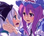  alternate_hairstyle backlighting bloom blue_eyes blush close-up drooling face hat holding_hands konpaku_youmu long_hair multiple_girls open_mouth pink_eyes pink_hair profile saigyouji_yuyuko sazanami_mio tears touhou white_hair you_gonna_get_raped yuri 